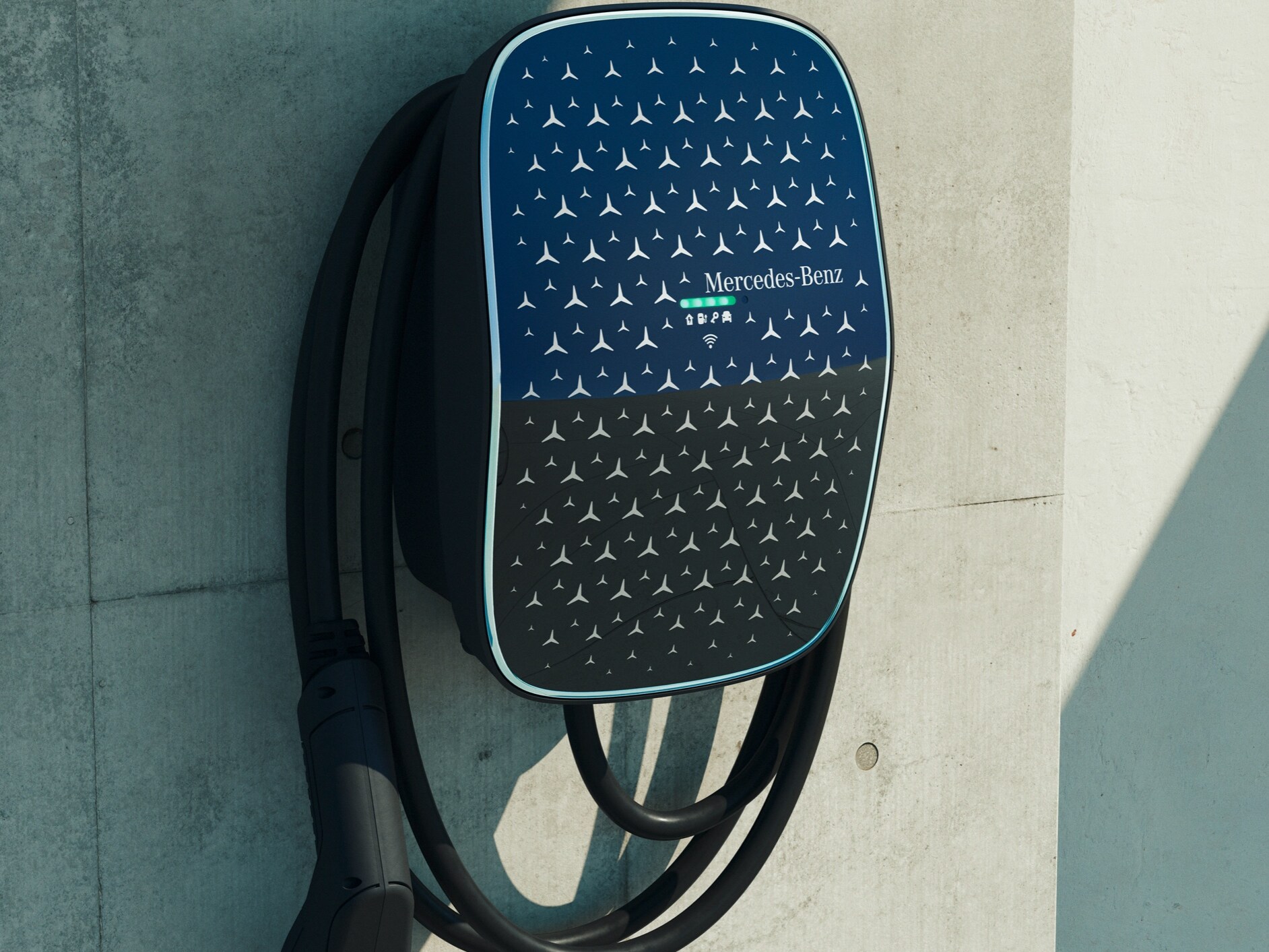 The Mercedes-Benz Wallbox is installed on a wall.