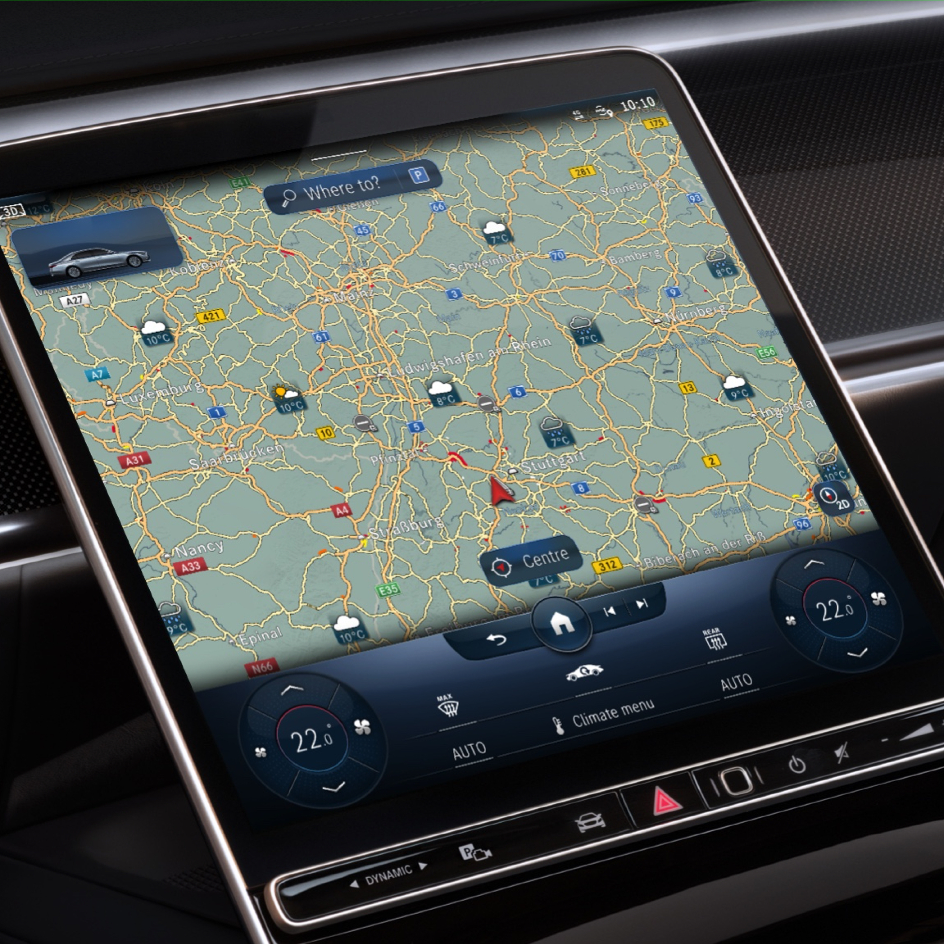 The MBUX multimedia system displays the forecast weather in the destination region thanks to the Weather Map Digital Extra. The MBUX multimedia system displays the forecast weather in the destination region thanks to the Weather Map Digital Extra.