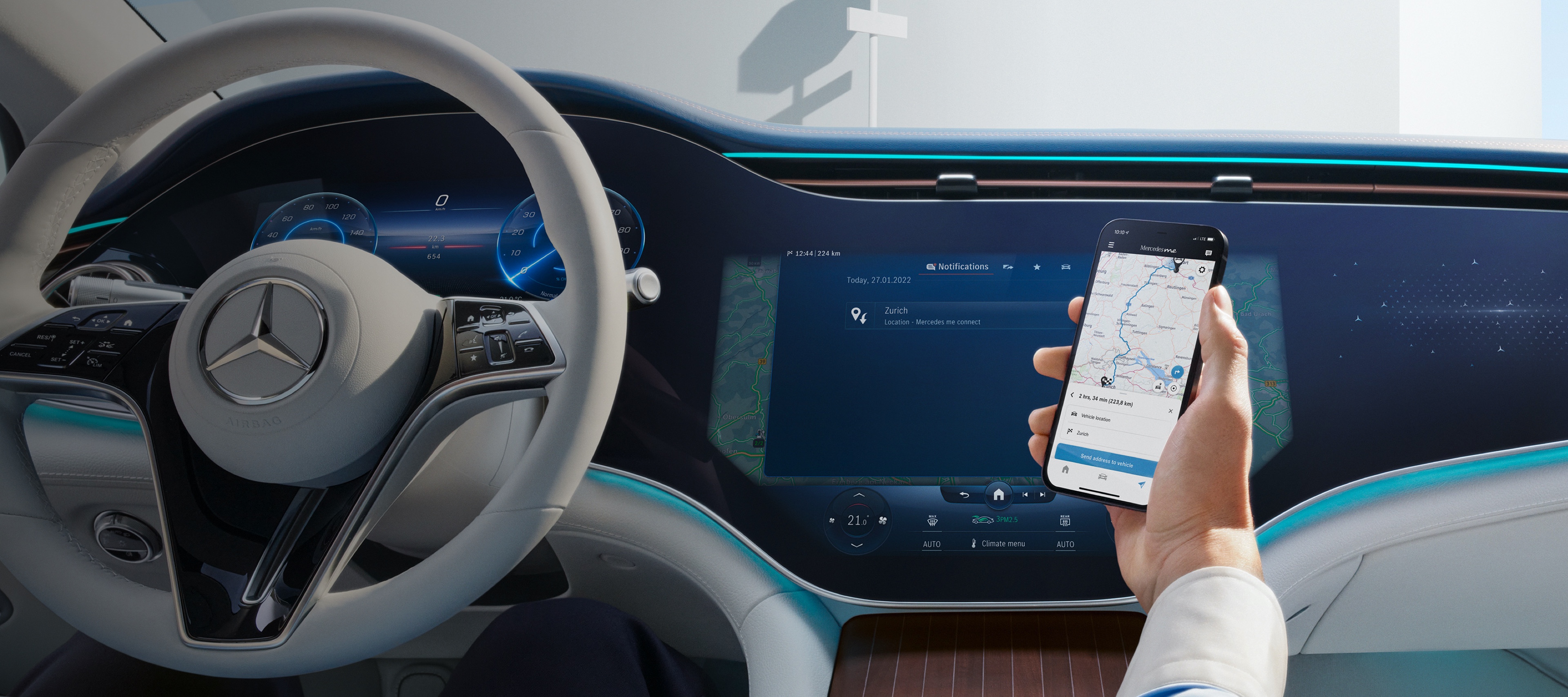 A man opens the Mercedes me App on his smartphone. A man opens the Mercedes me App on his smartphone.
