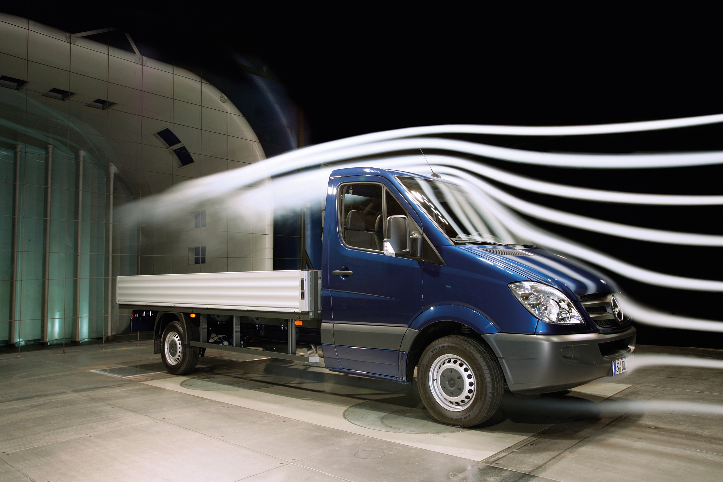 The second generation Sprinter Platform Vehicle | Commercial Vehicles History | Mercedes-Benz Sprinter Platform Vehicle displayed in wind tunnel testing facility