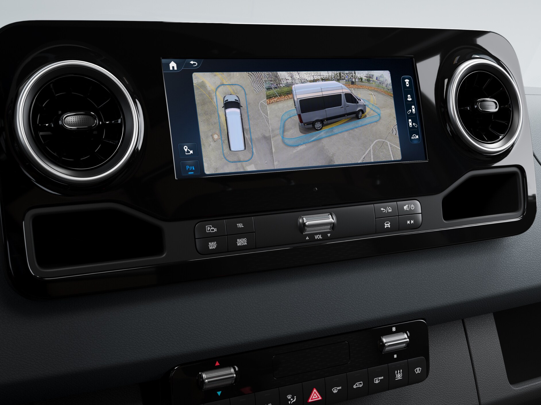 The 3D surround view in a Mercedes-Benz van.