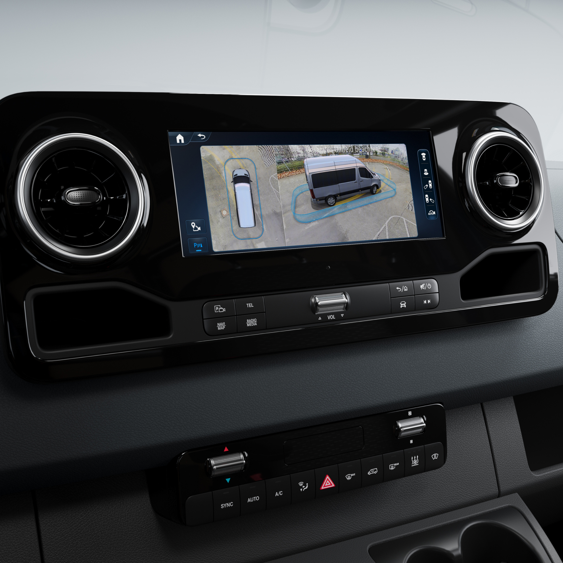 Vehicle features | Assistance systems | Mercedes-Benz The 3D surround view in a Mercedes-Benz van.