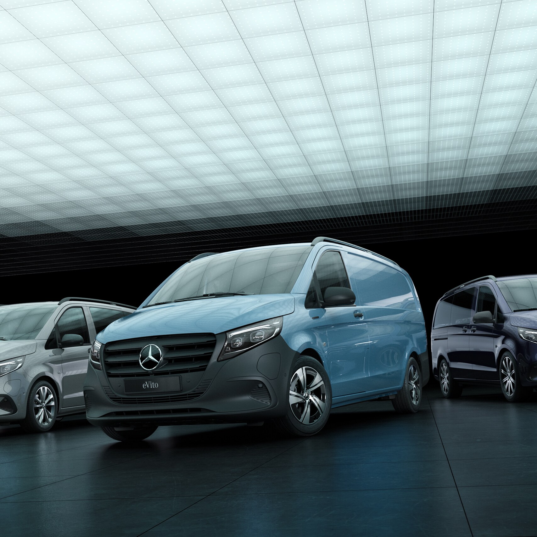 The new Mercedes-Benz eVito and Vito models are on display in an atmospherically lit hall.