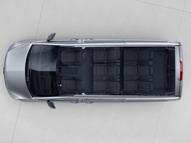 The Vito Tourer Long with seating layout 3-seater Comfort bench seat 1st row with folding outer seat and 3-seater Comfort bench seat 2nd row with folding outer seat.