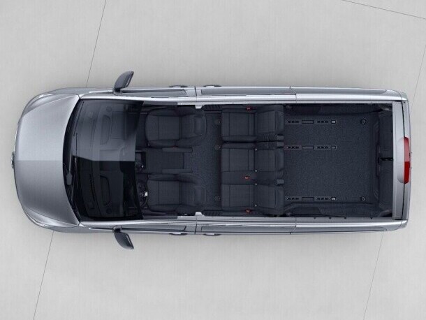The Vito Tourer Long with seating layout 3-seater bench 1st row with folding outer seat and seating 2nd row passenger compartment removed.