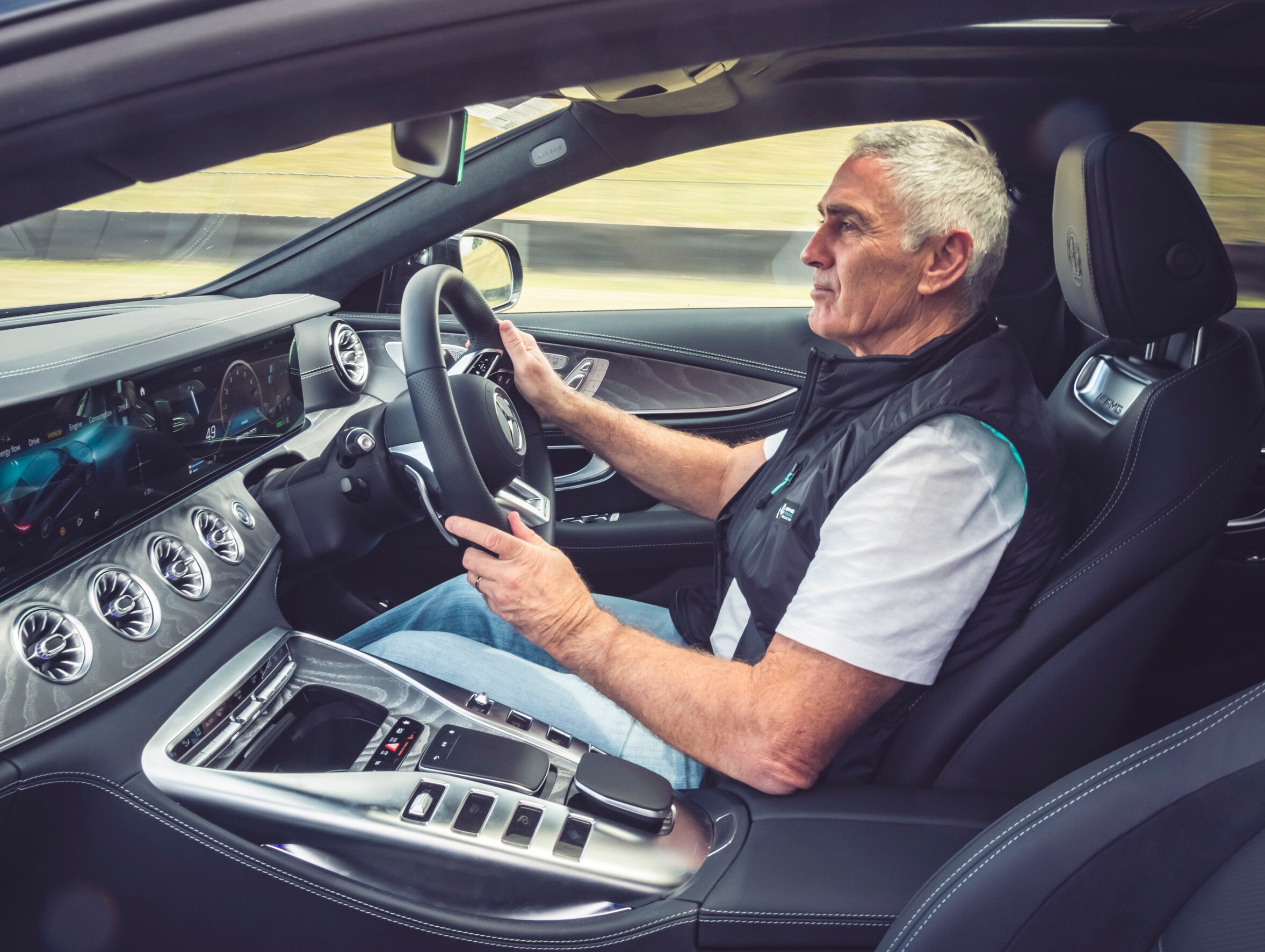 Mick Doohan in a Mercedes-AMG GT 63 S E PERFORMANCE at Sydney Motorsport Park. 